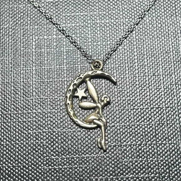 Silver Fairy Sitting on Crescent Moon Pendant Necklace - Picture 2 of 4